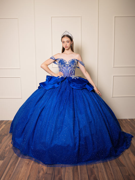 Vestidos de XV Años Azul Rey con Pedrería Plateada Moño de Satin