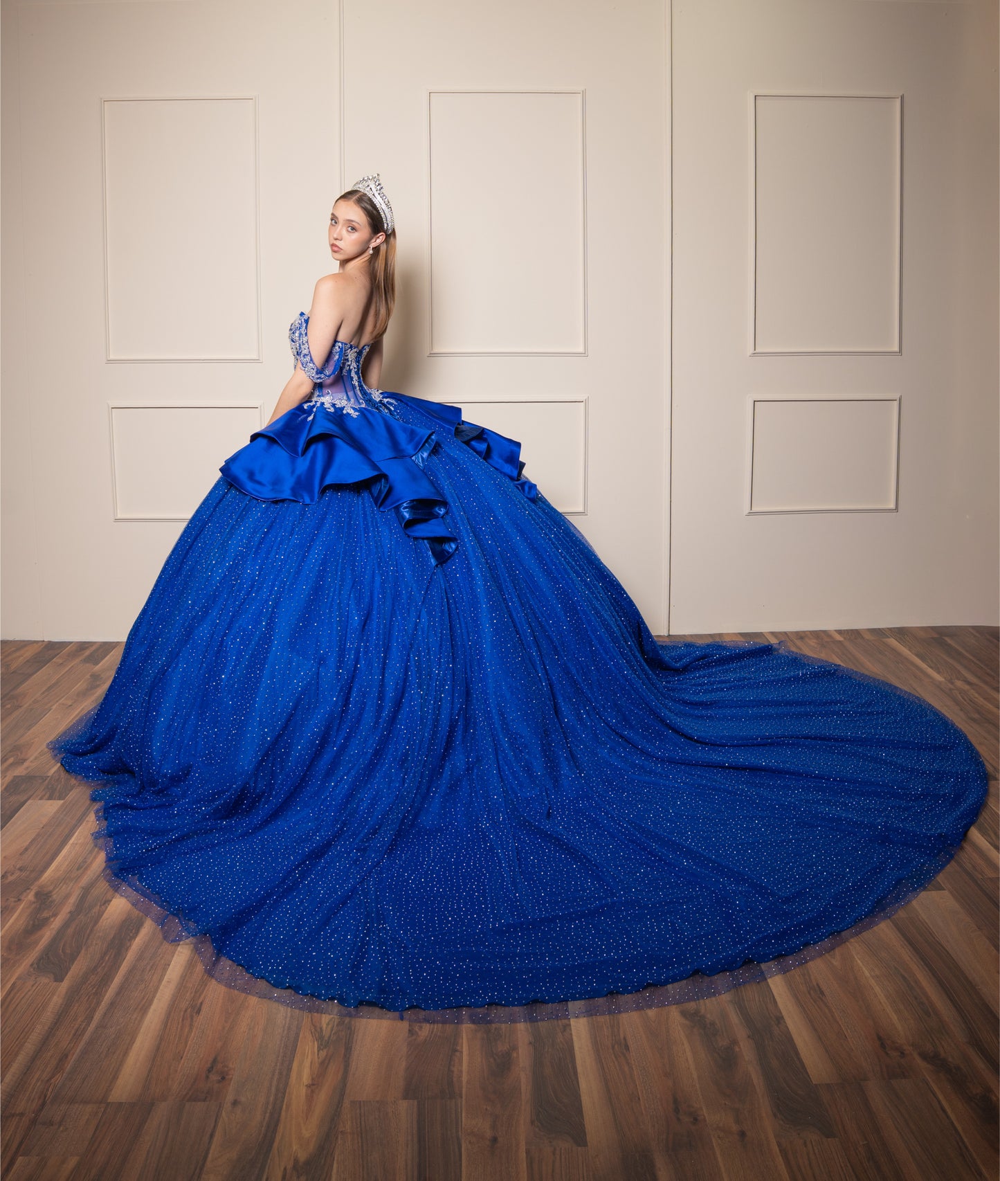 Vestidos de XV Años Azul Rey con Pedrería Plateada Moño de Satin