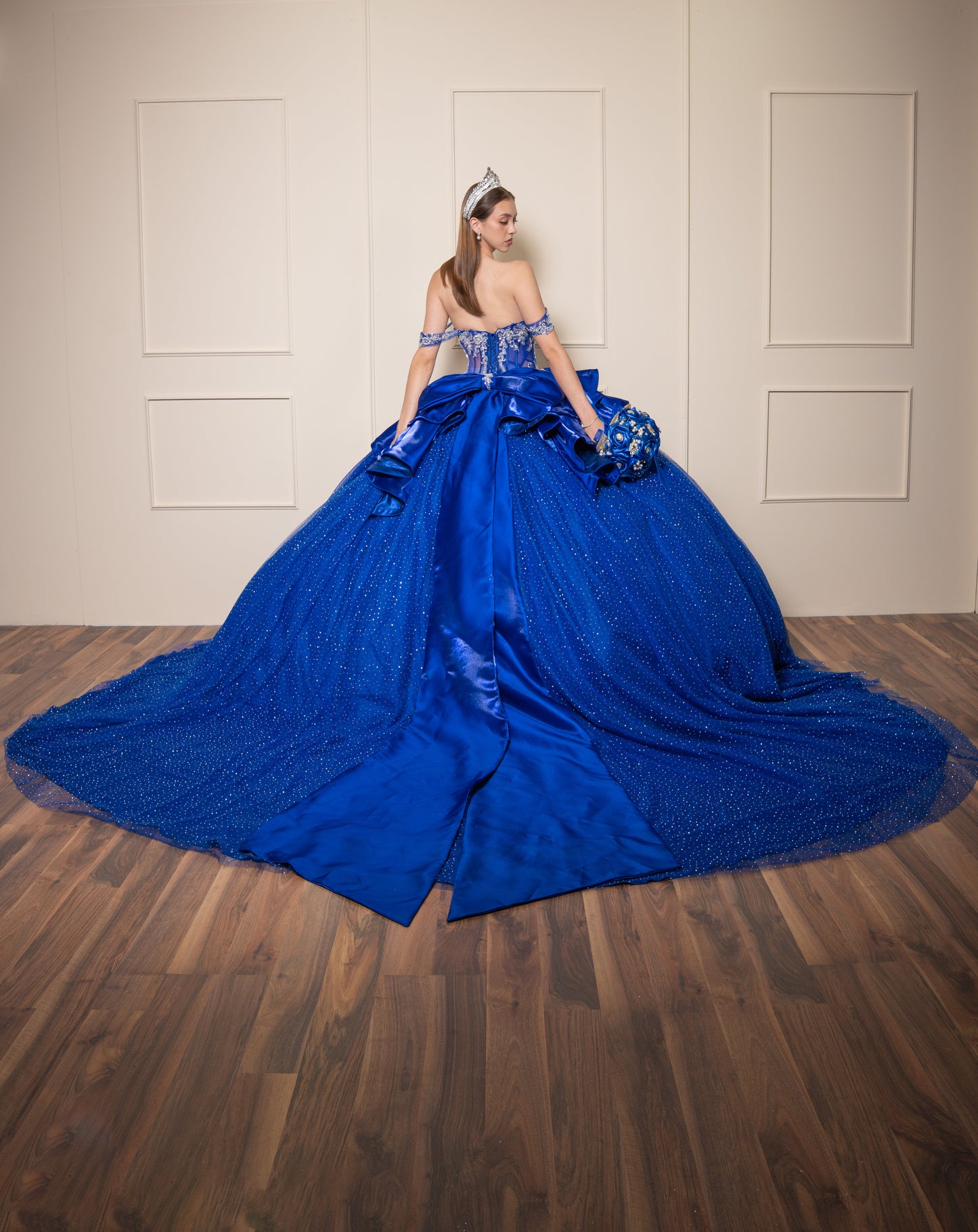 Vestidos de XV Años Azul Rey con Pedrería Plateada Moño de Satin