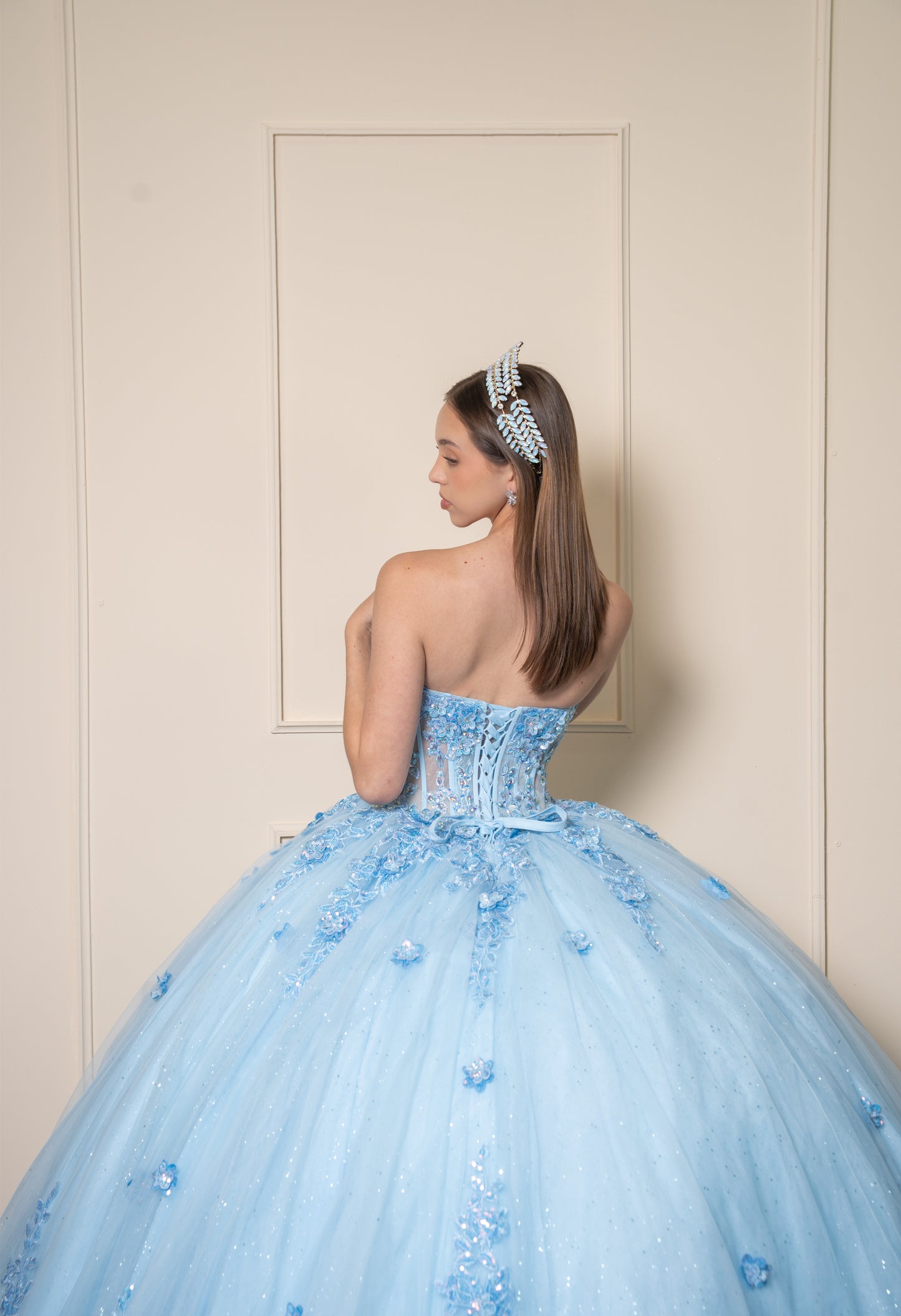 Vestido de XV Años Vestido Azul Cielo Lentejuela Tornasol Estraple