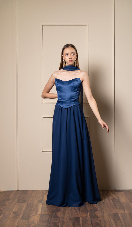 Vestido Azul Marino Straple Corset Con Olan