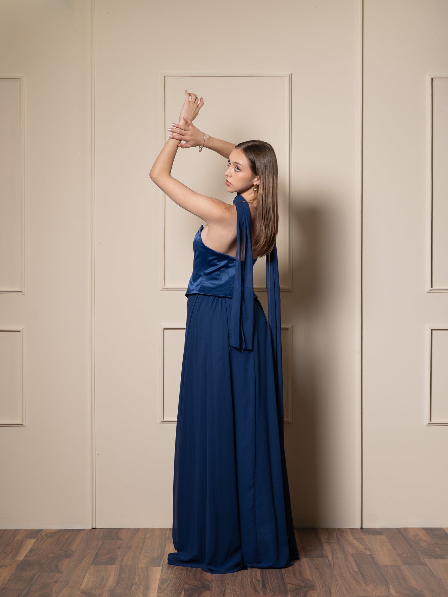Vestido Azul Marino Straple Corset Con Olan