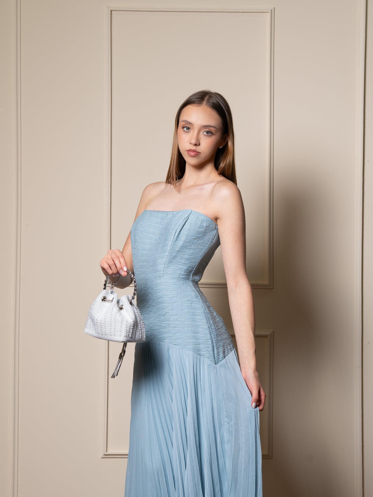 Vestido Azul Turquesa Corset Tablones En Falda