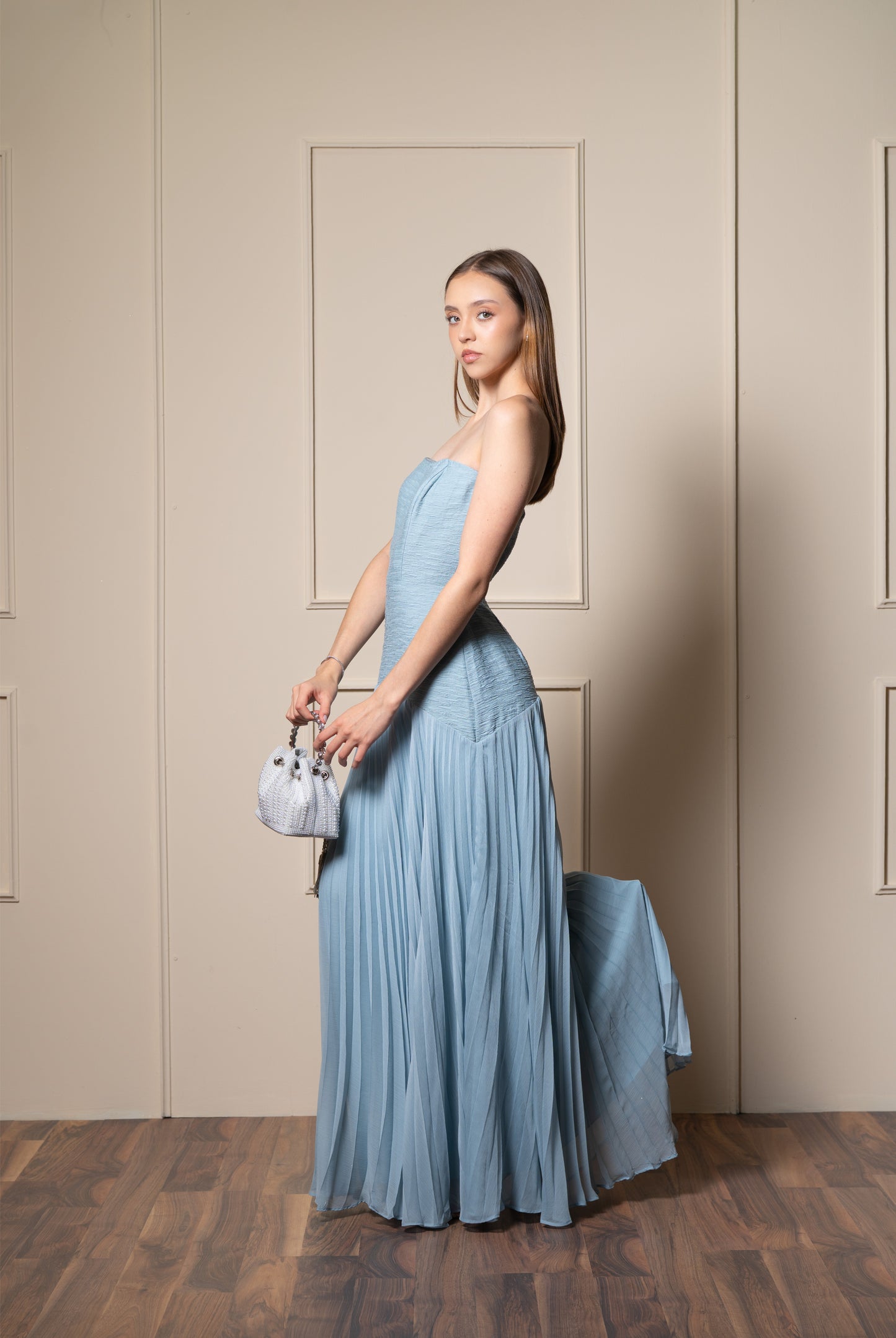 Vestido Azul Turquesa Corset Tablones En Falda