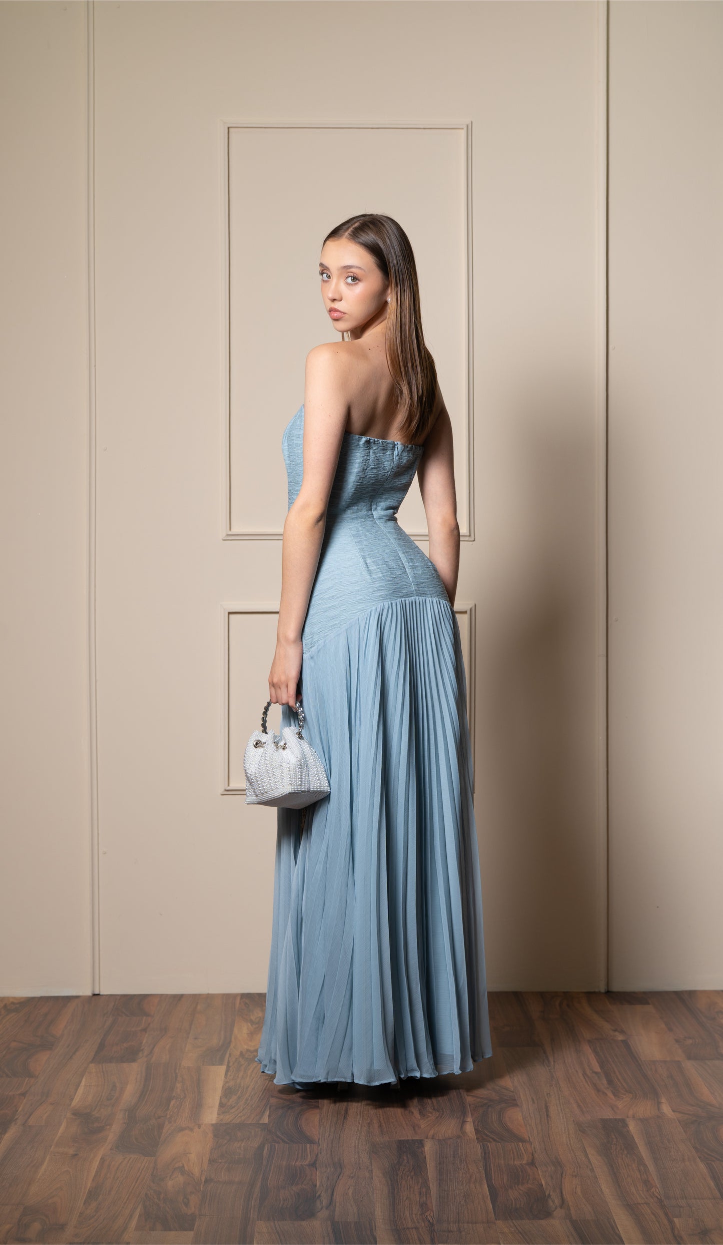 Vestido Azul Turquesa Corset Tablones En Falda