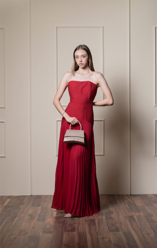 Vestido Rojo Corset Con Tablones En Falda