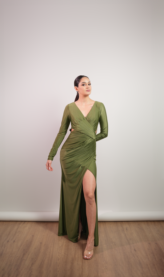 Vestido Verde Olivo Escote Cruzado De Manga Larga