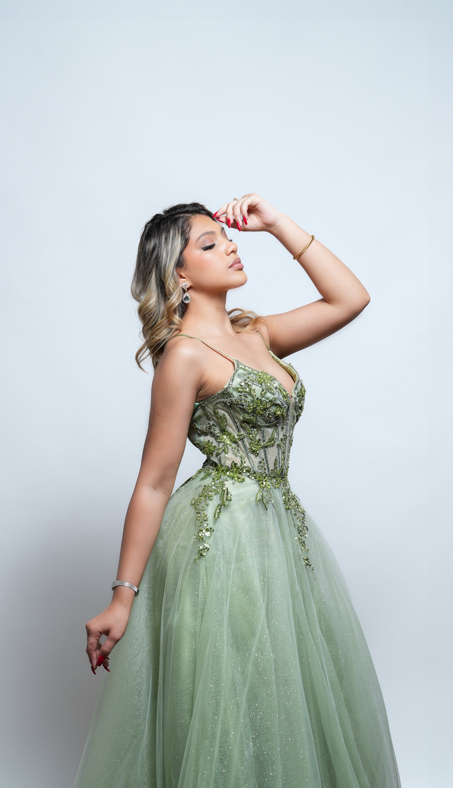 Vestido Verde Corte Princesa Corset con Tranparencia y Estampado