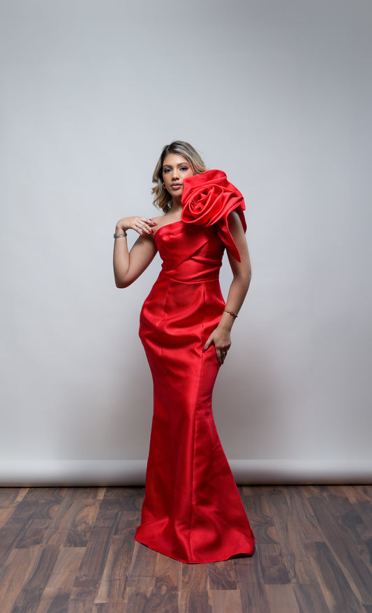 Vestido Rojo Un Tirante Con Flor