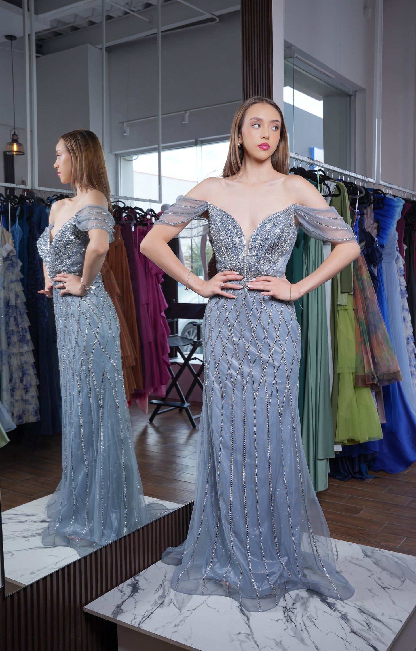 Vestido Plata Lentejuela Straple Manga Ampona