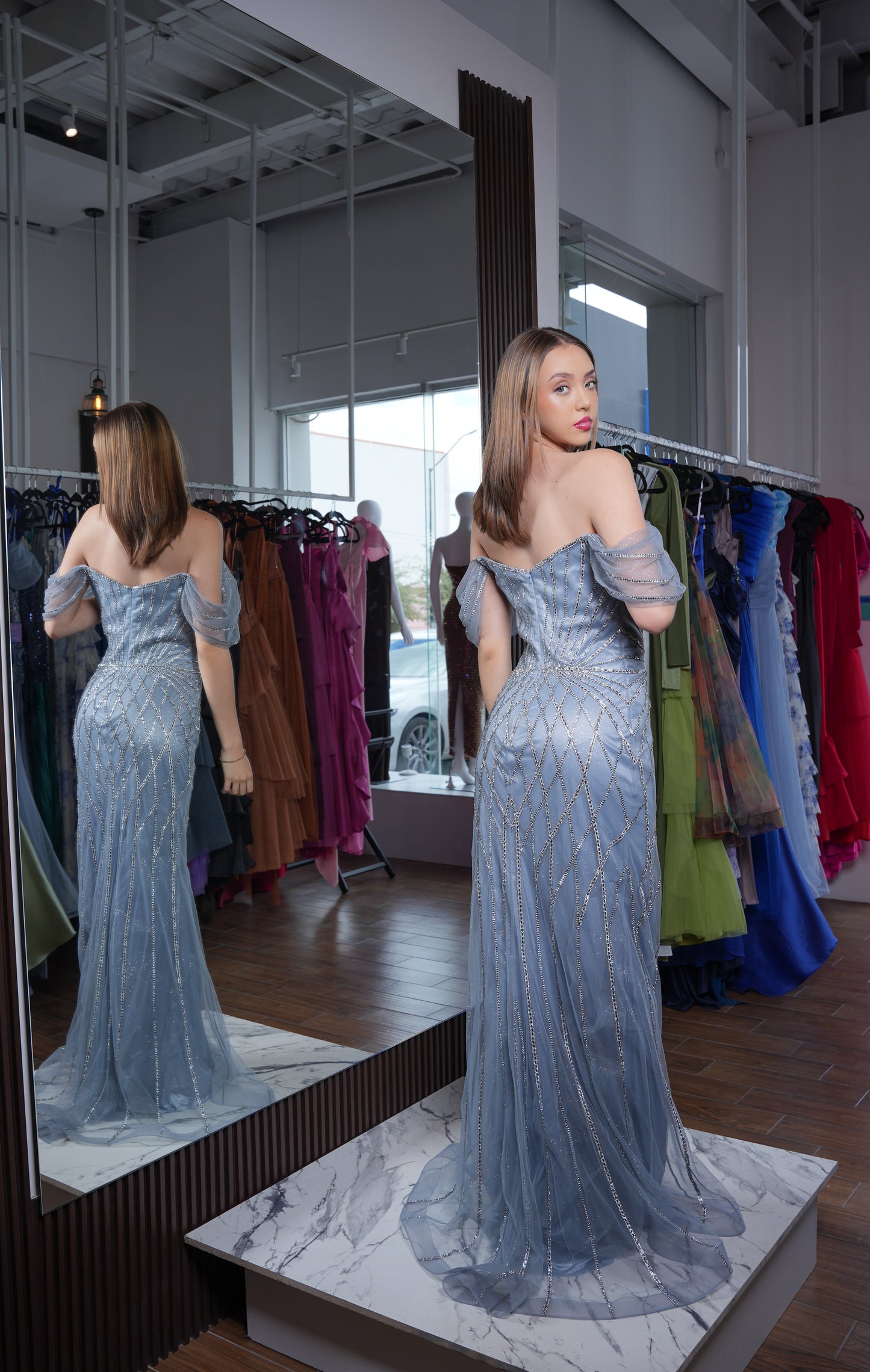 Vestido Plata Lentejuela Straple Manga Ampona