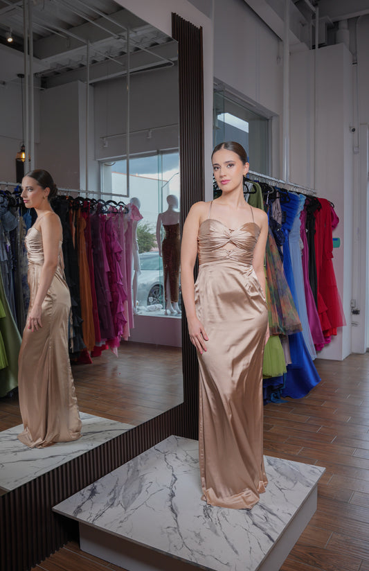 Vestido Beige Corset Cruzado Espalda