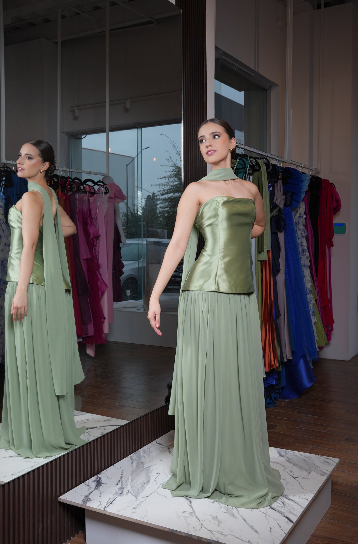 Vestido Verde Sage Straple Corset Con Olan