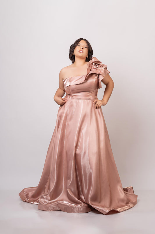 Vestido Melon Ampon Flor En Hombro