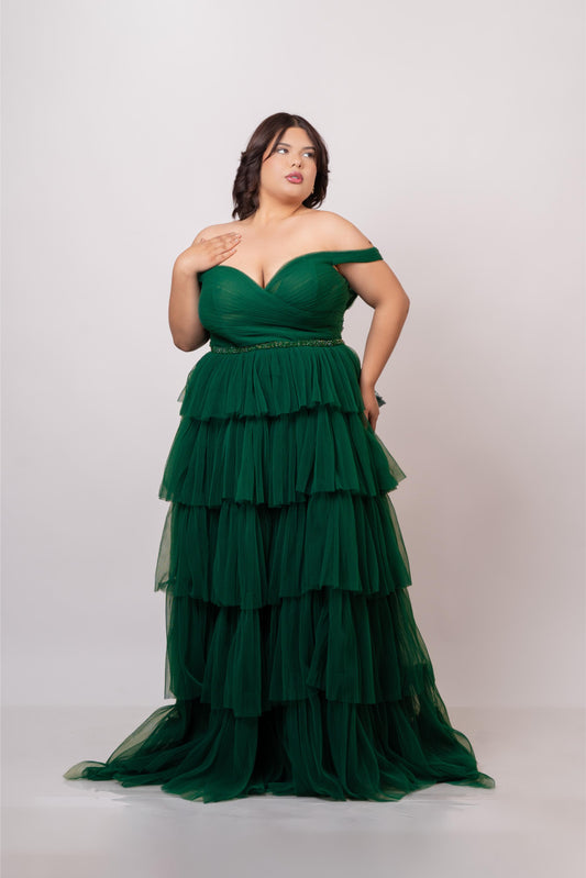 Vestido Verde Ampon Cinto De Brillos Manga Caida