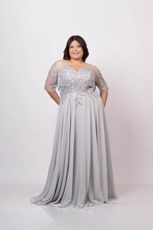 Vestido Plata Corte A Detalle En Abdomen Y Manga 3/4