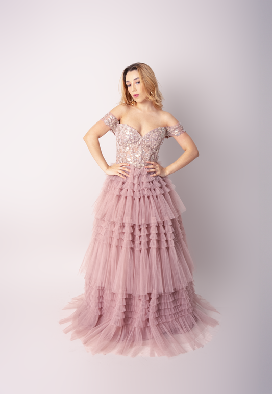 Vestido Pedreria En Corset Mangas Caidas Ampon