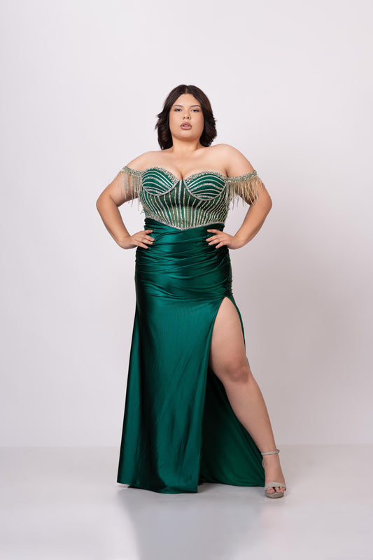 Vestido Verde Fancy Barillas Brillosas Falda Lisa