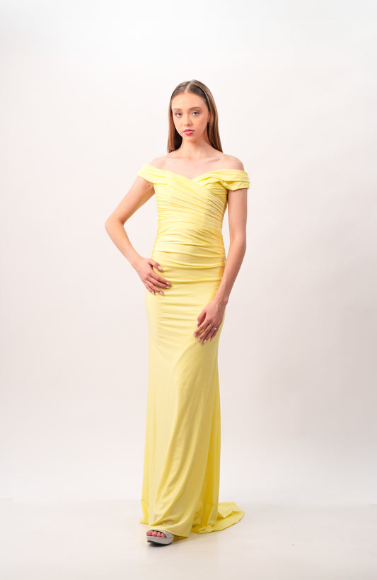 Vestido Amarillo Manga en Hombro Corte Sirena
