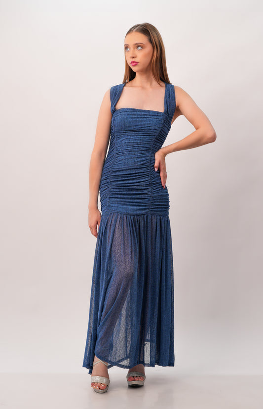 Vestido Azul Oscuro Corrugado Falda Lisa