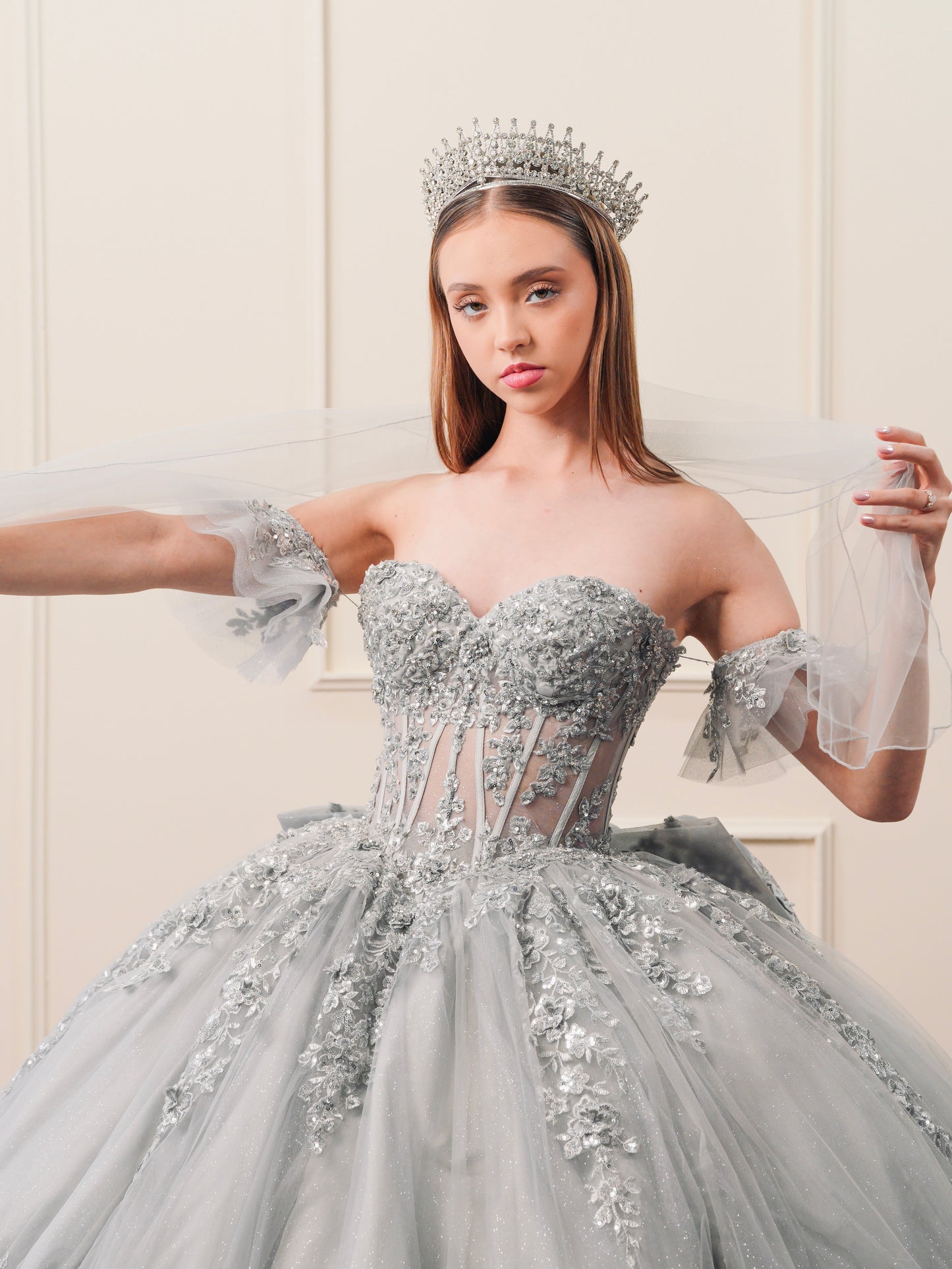 Vestido de XV Años Gris Bordado Plateado Mangas Amponas