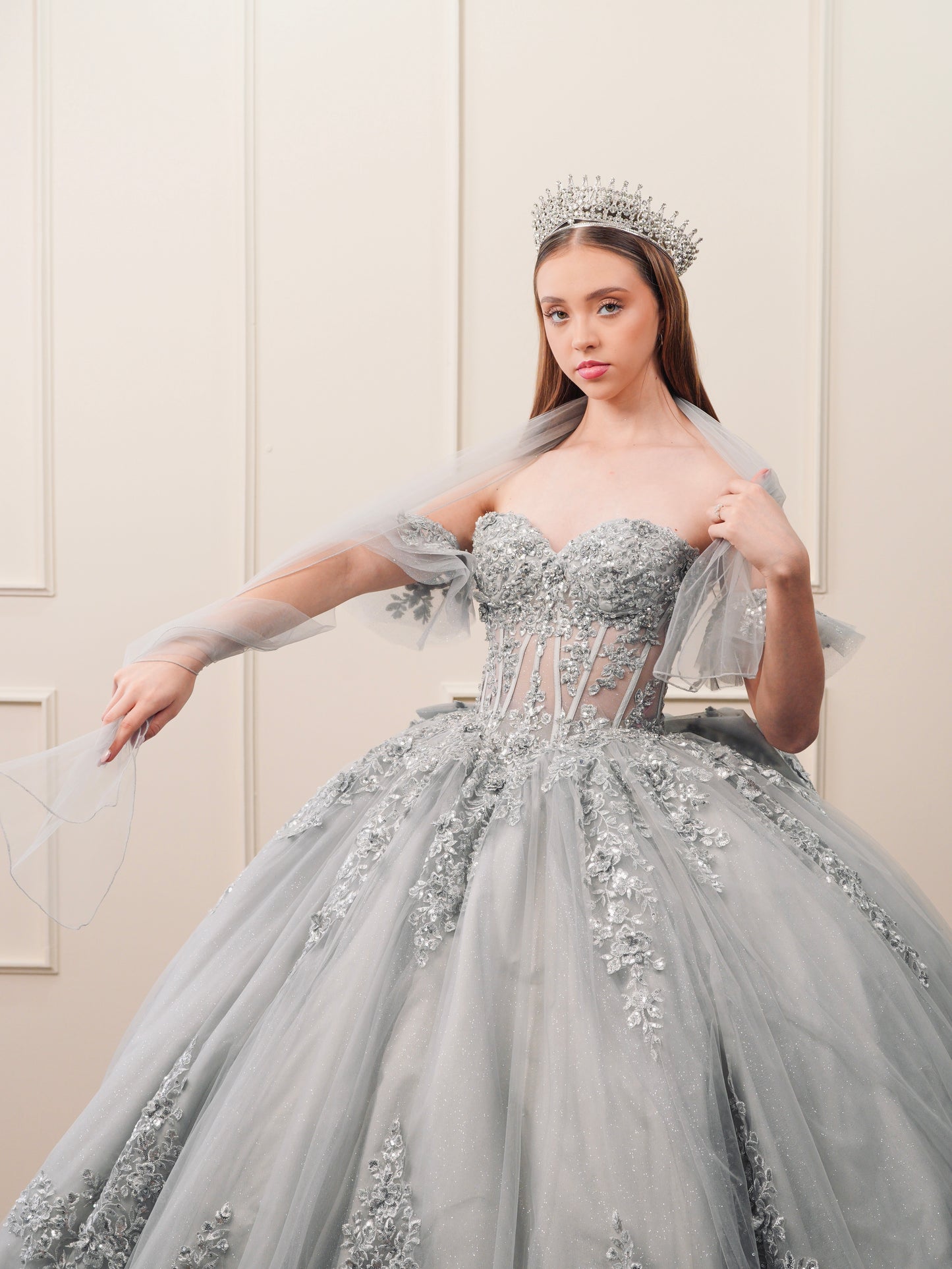 Vestido de XV Años Gris Bordado Plateado Mangas Amponas