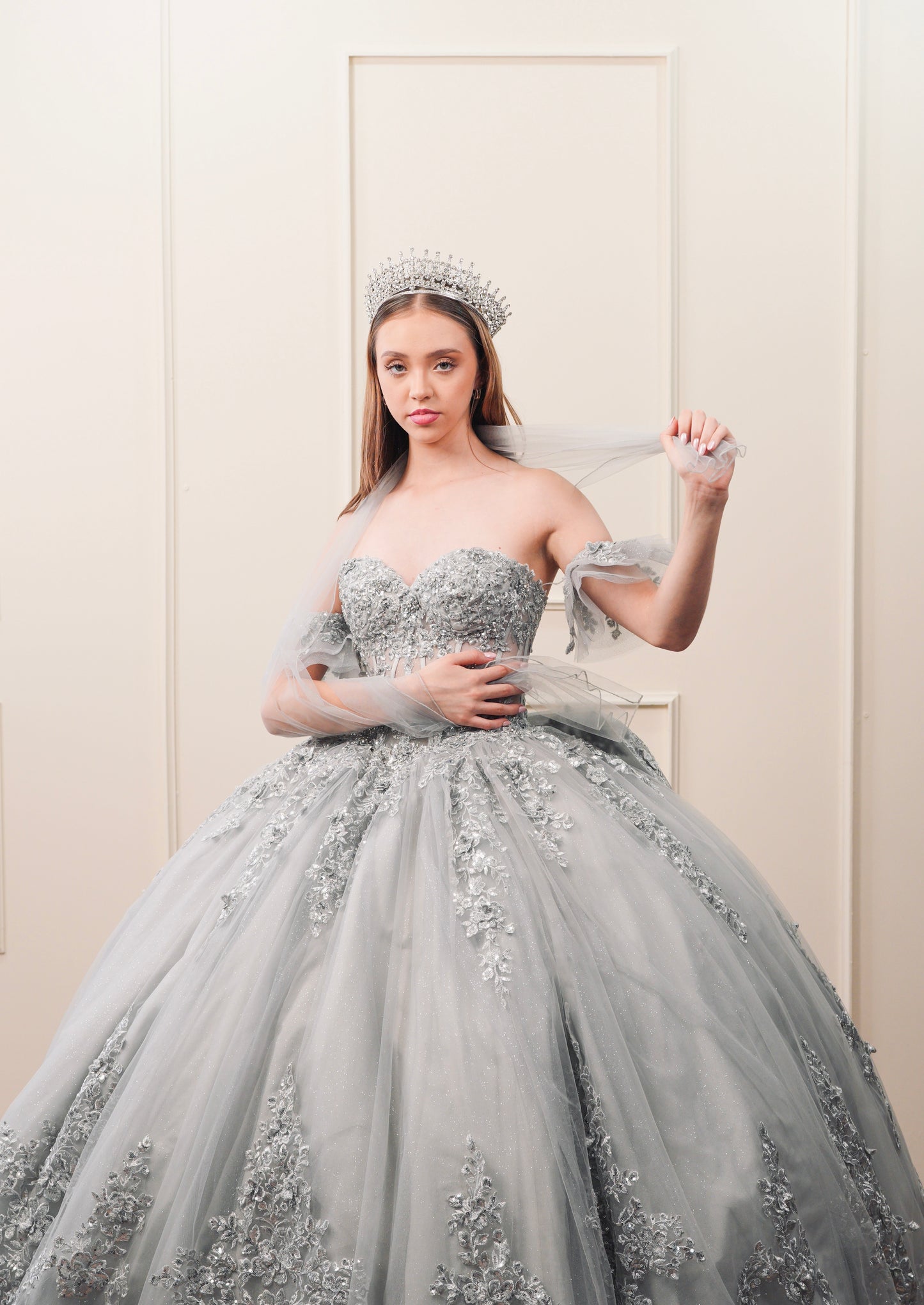 Vestido de XV Años Gris Bordado Plateado Mangas Amponas