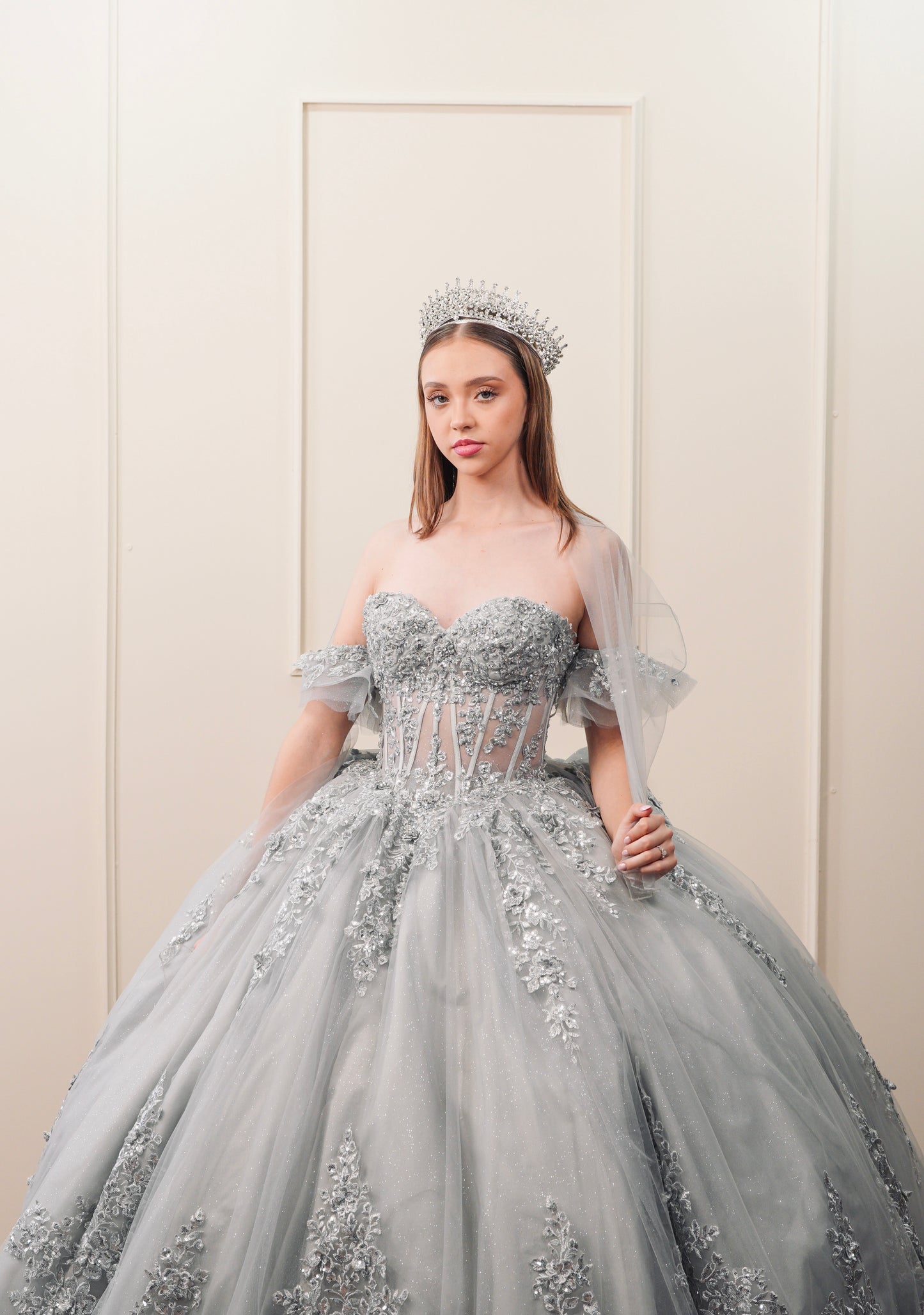 Vestido de XV Años Gris Bordado Plateado Mangas Amponas