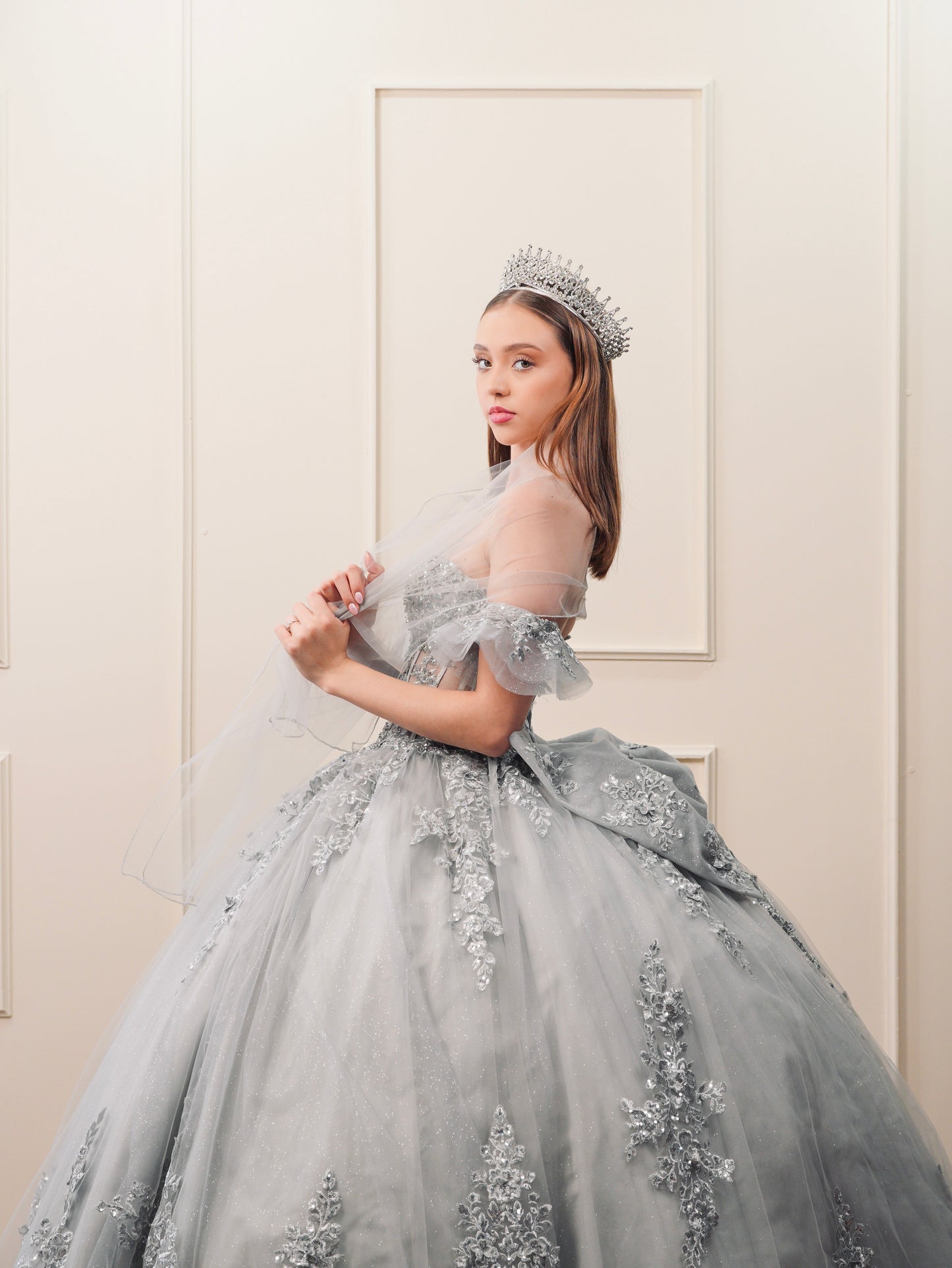 Vestido de XV Años Gris Bordado Plateado Mangas Amponas