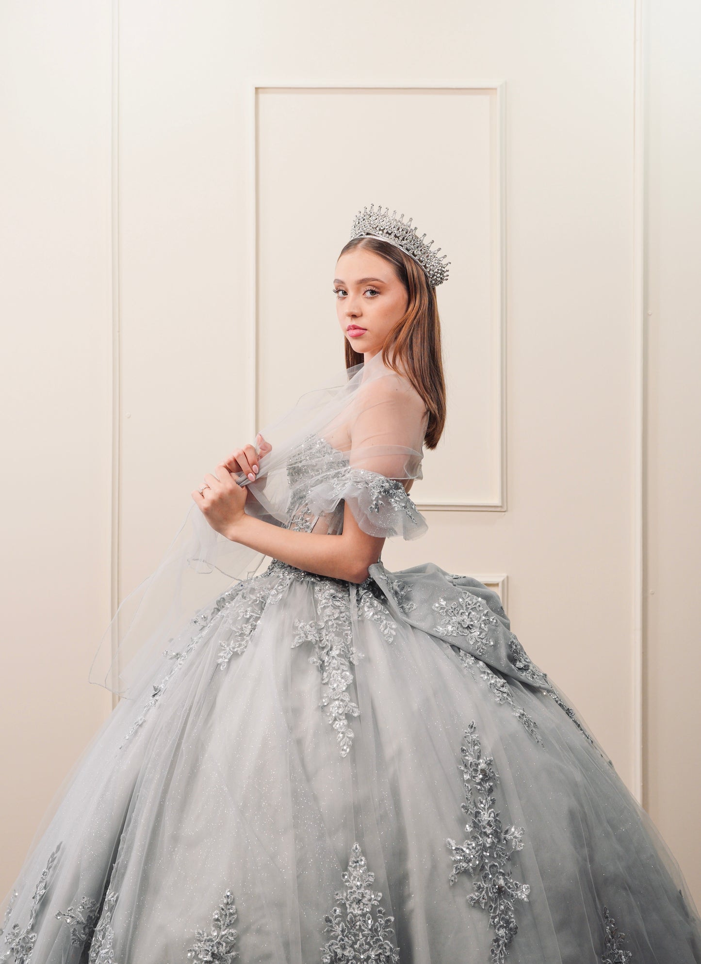 Vestido de XV Años Gris Bordado Plateado Mangas Amponas
