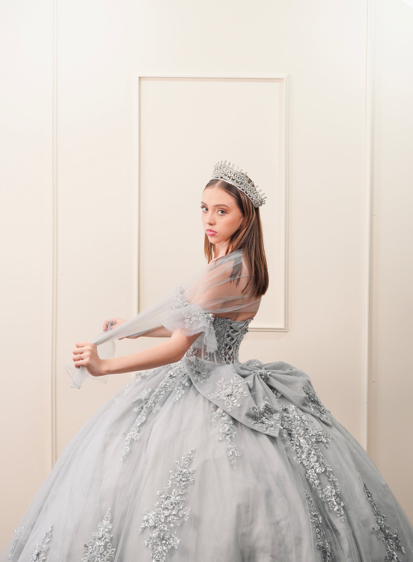 Vestido de XV Años Gris Bordado Plateado Mangas Amponas