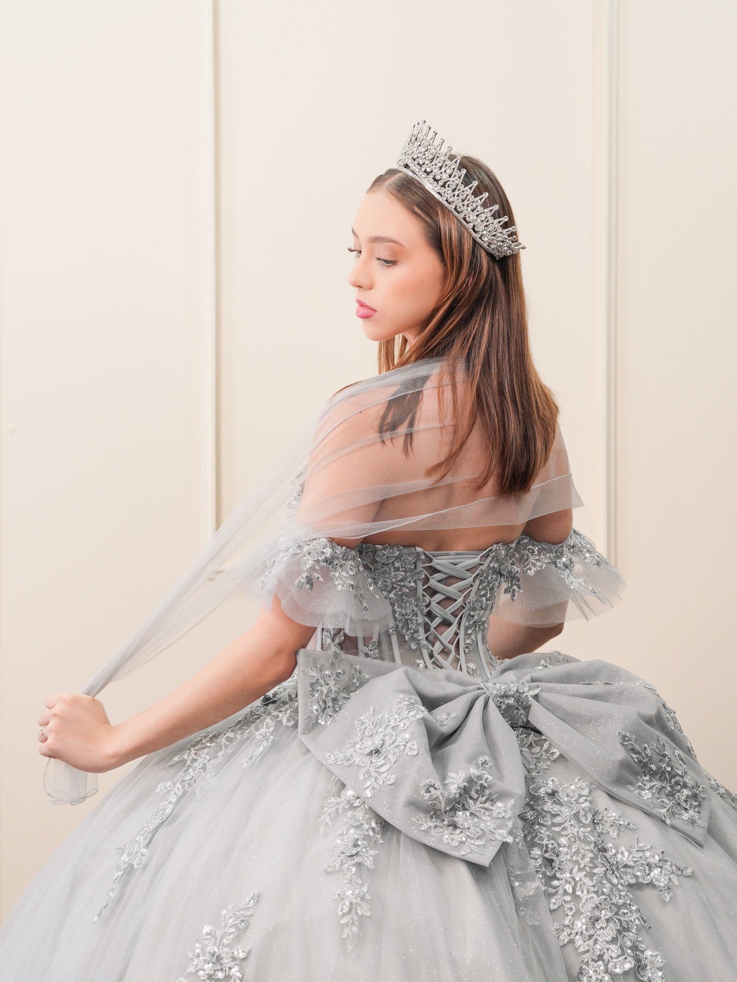 Vestido de XV Años Gris Bordado Plateado Mangas Amponas