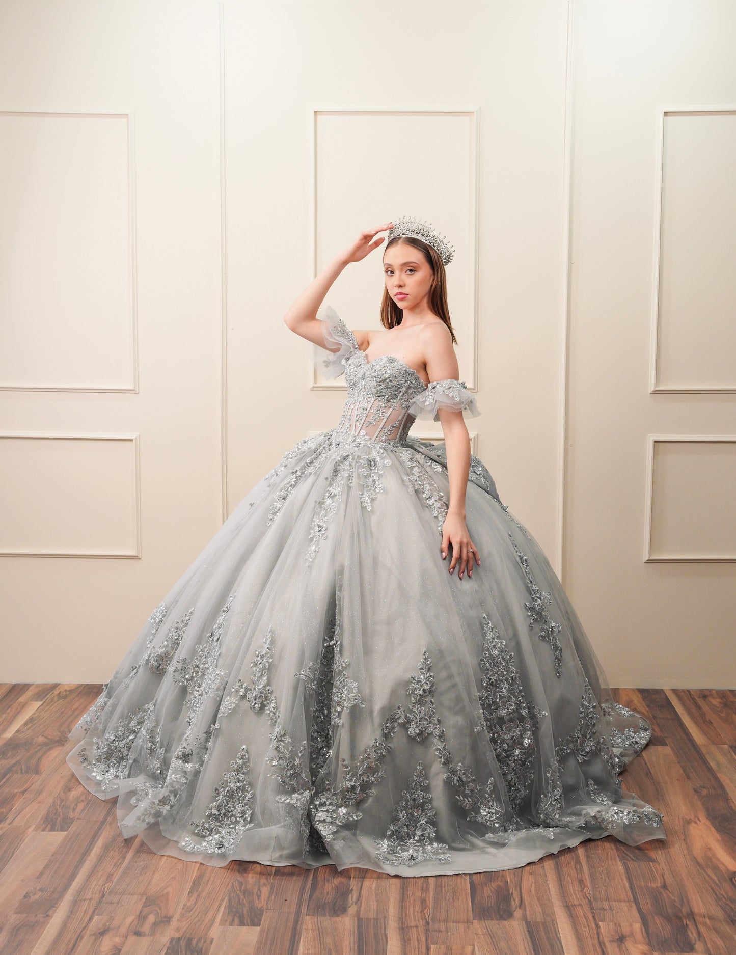 Vestido de XV Años Gris Bordado Plateado Mangas Amponas