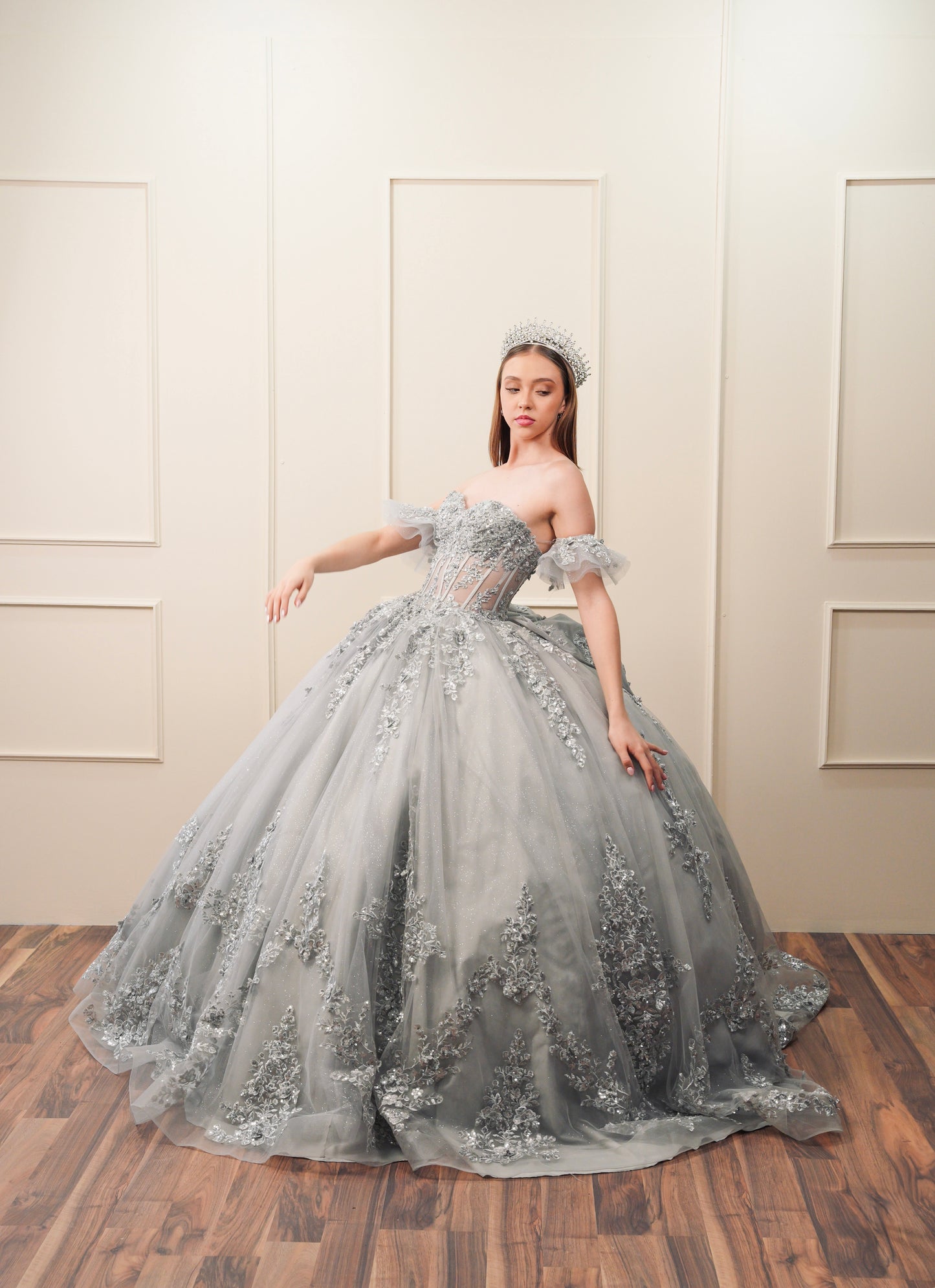 Vestido de XV Años Gris Bordado Plateado Mangas Amponas