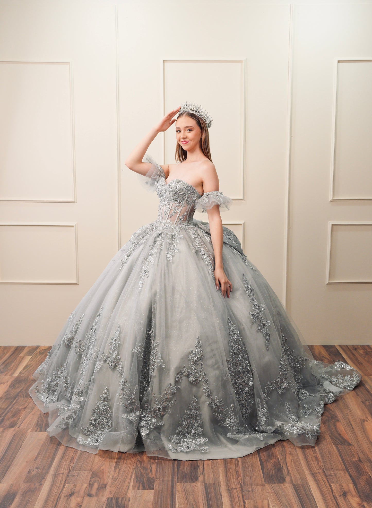 Vestido de XV Años Gris Bordado Plateado Mangas Amponas