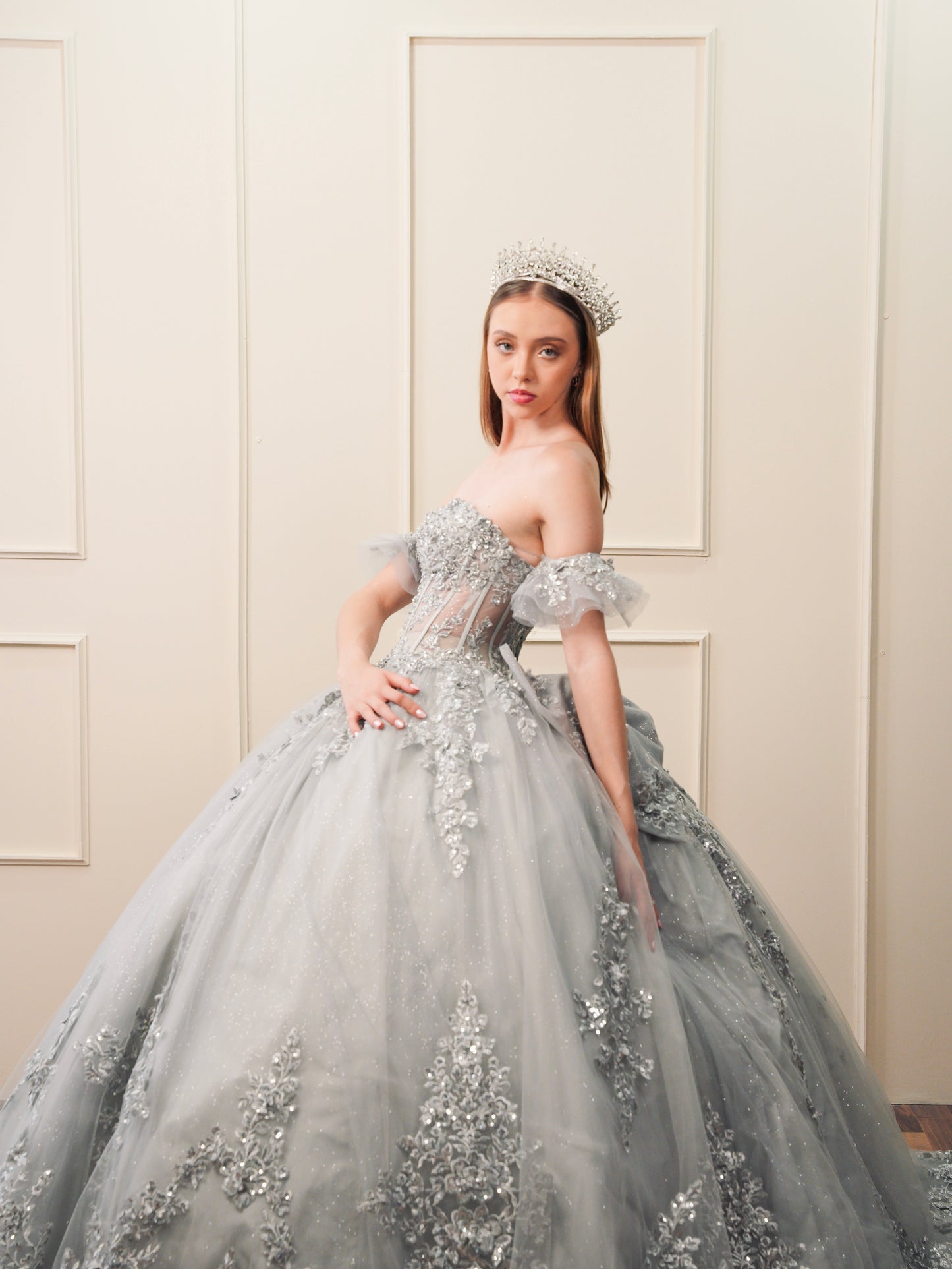 Vestido de XV Años Gris Bordado Plateado Mangas Amponas