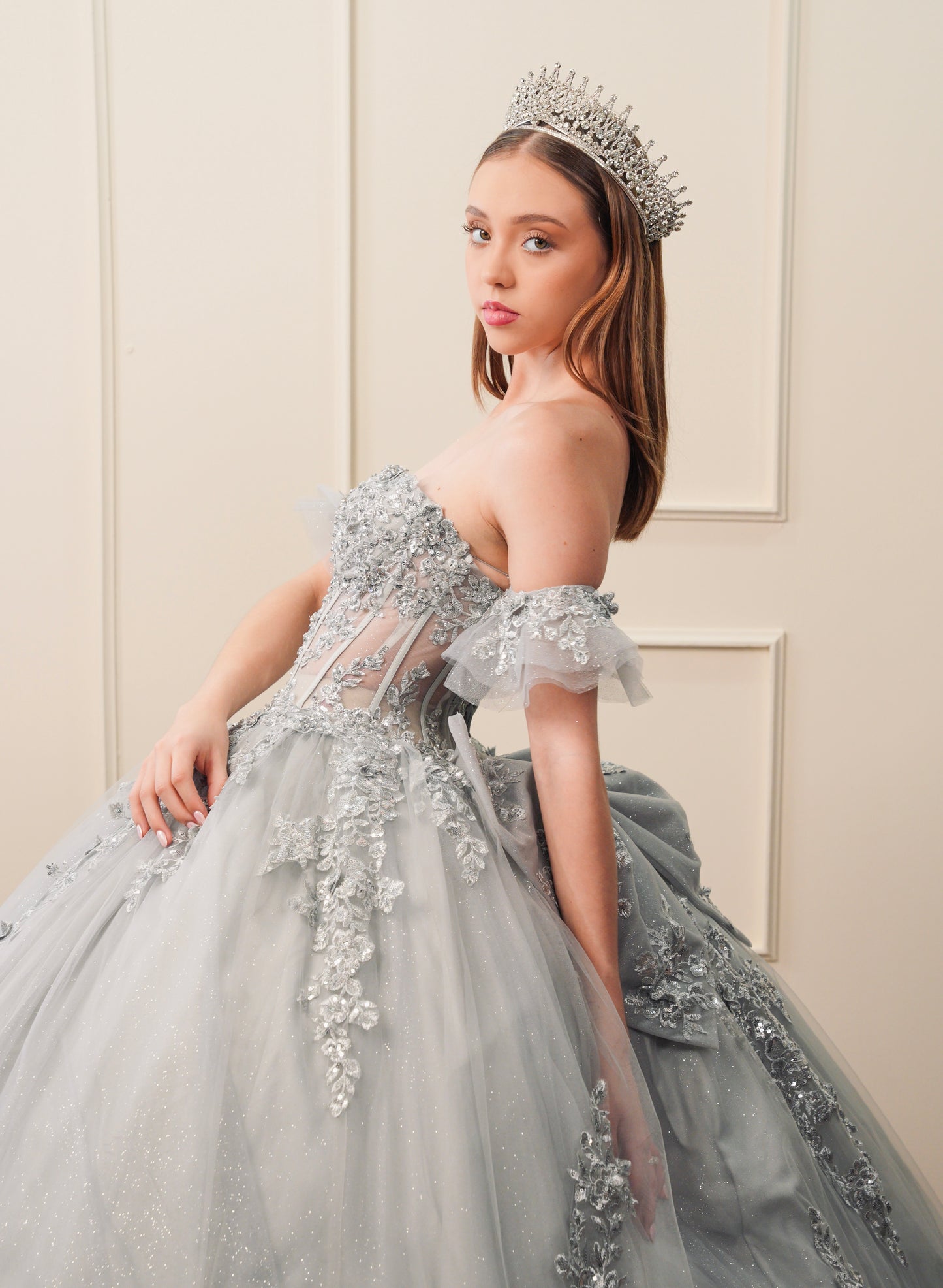 Vestido de XV Años Gris Bordado Plateado Mangas Amponas