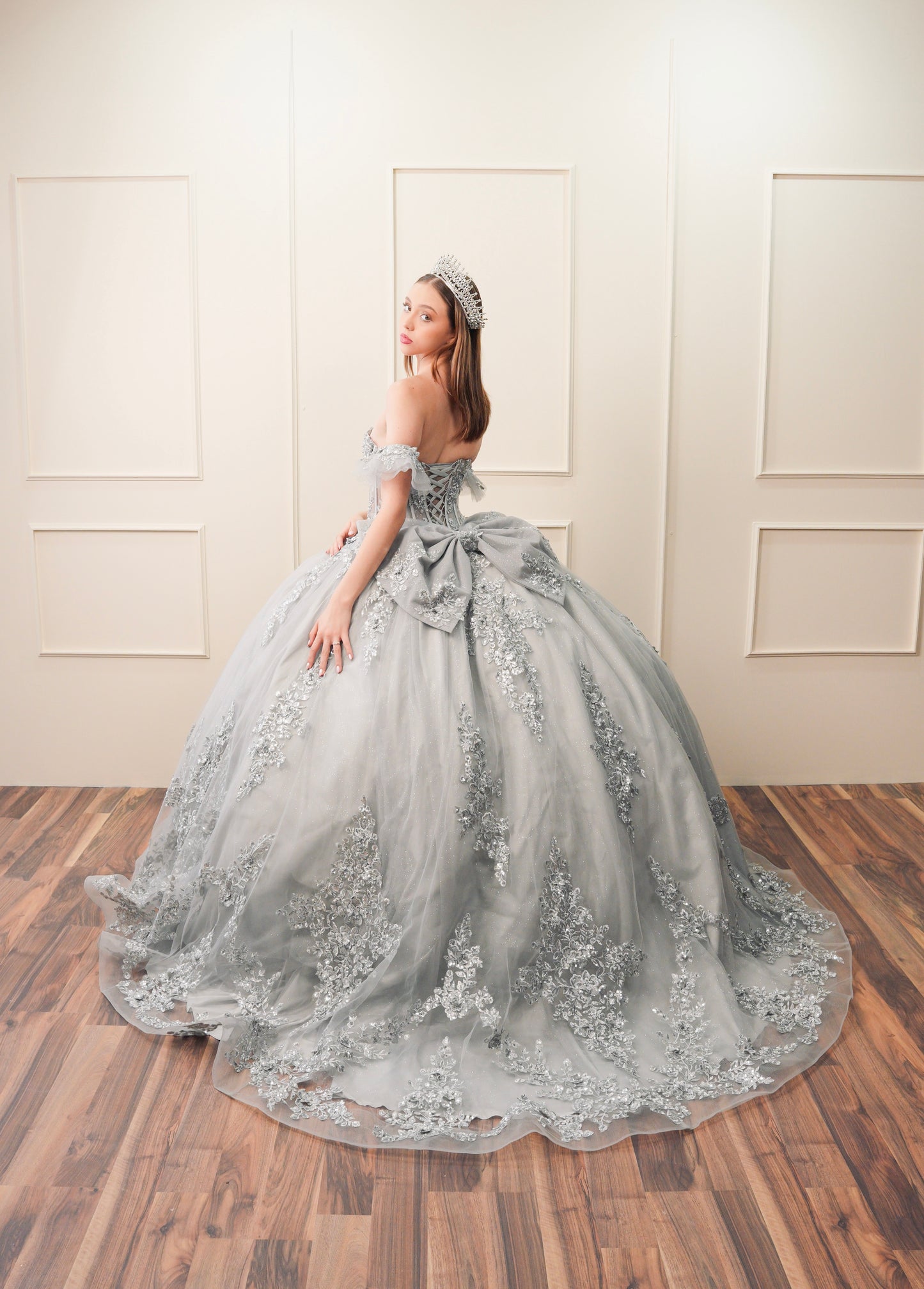 Vestido de XV Años Gris Bordado Plateado Mangas Amponas