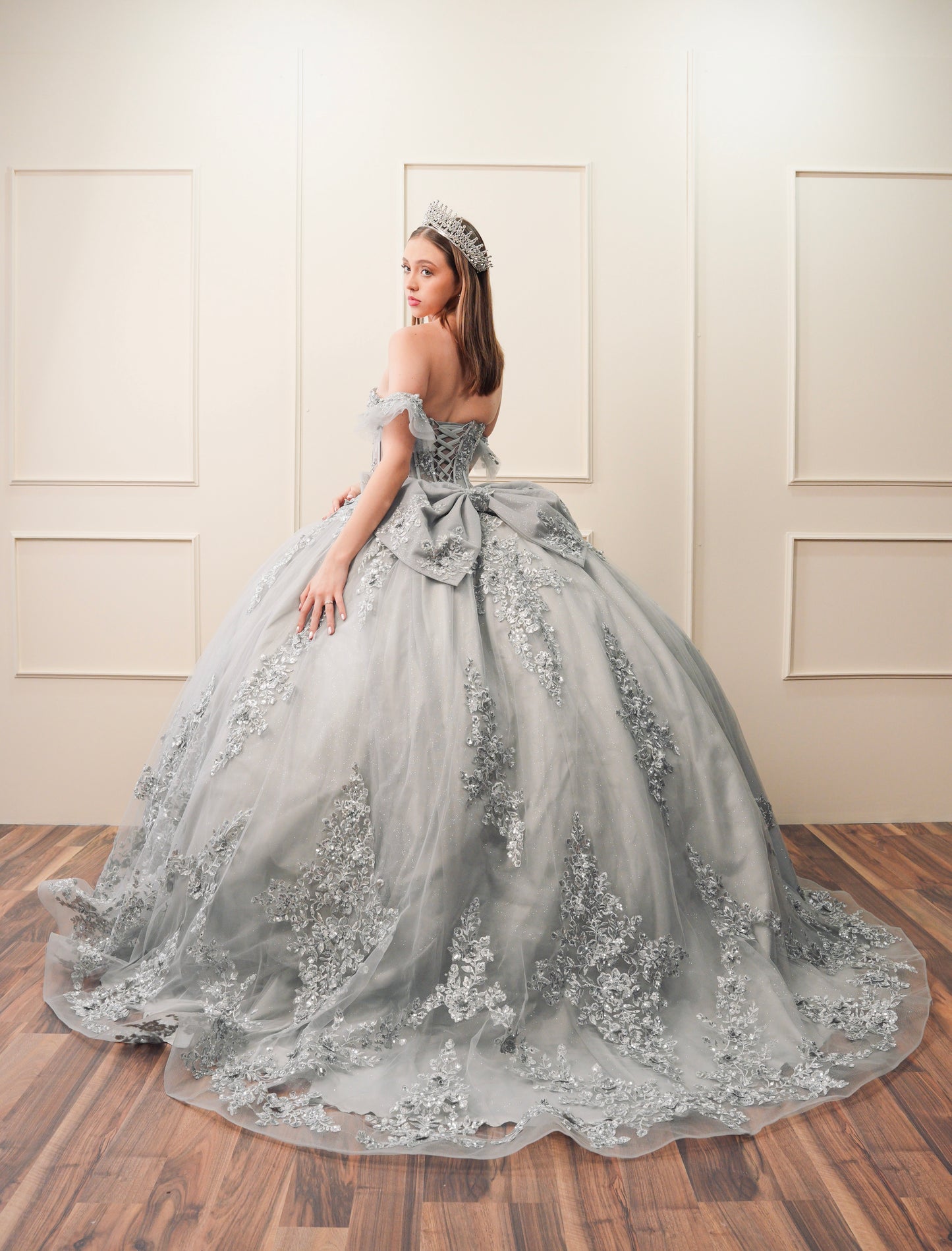 Vestido de XV Años Gris Bordado Plateado Mangas Amponas