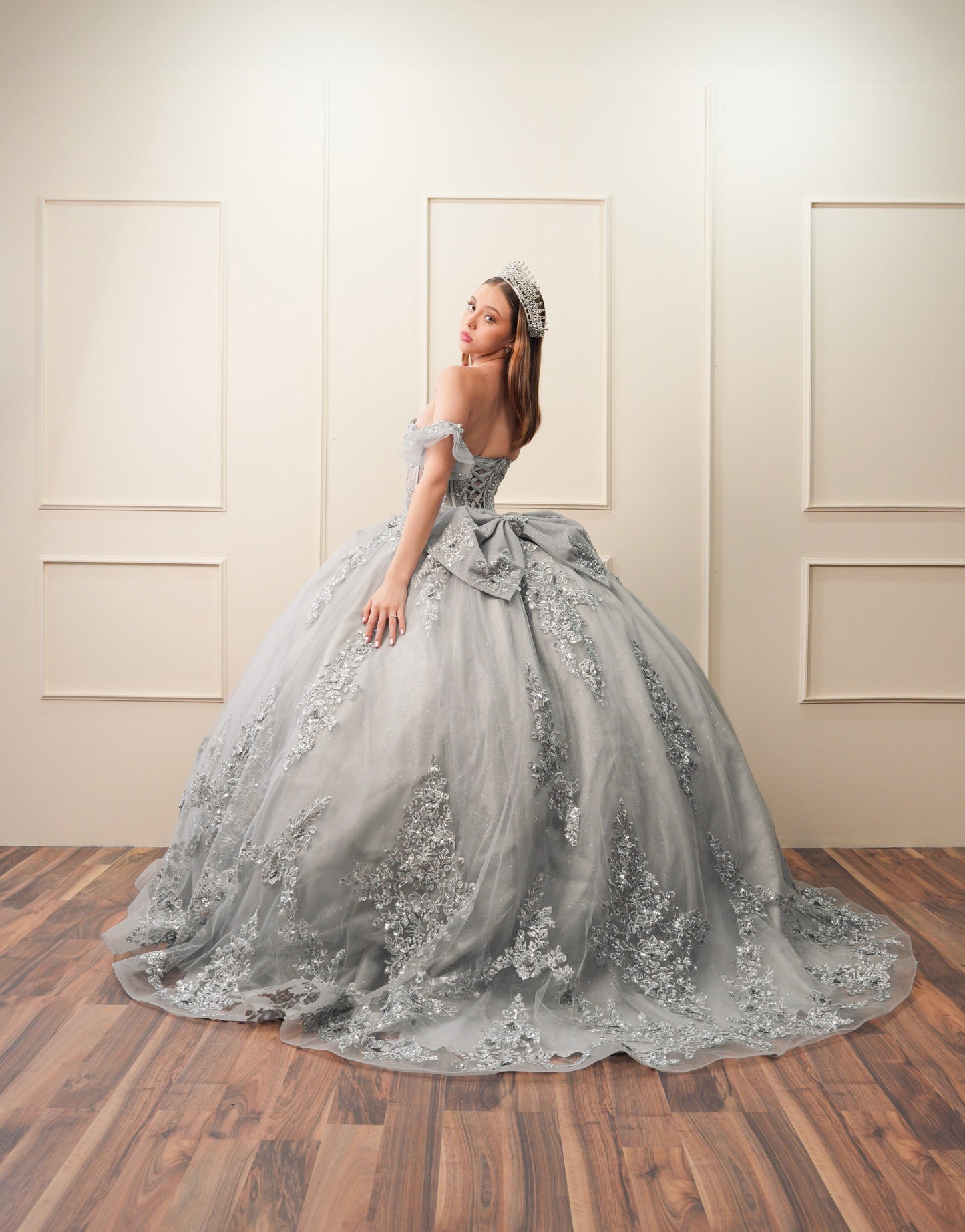 Vestido de XV Años Gris Bordado Plateado Mangas Amponas