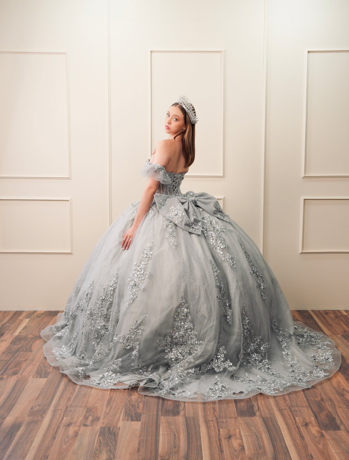Vestido de XV Años Gris Bordado Plateado Mangas Amponas