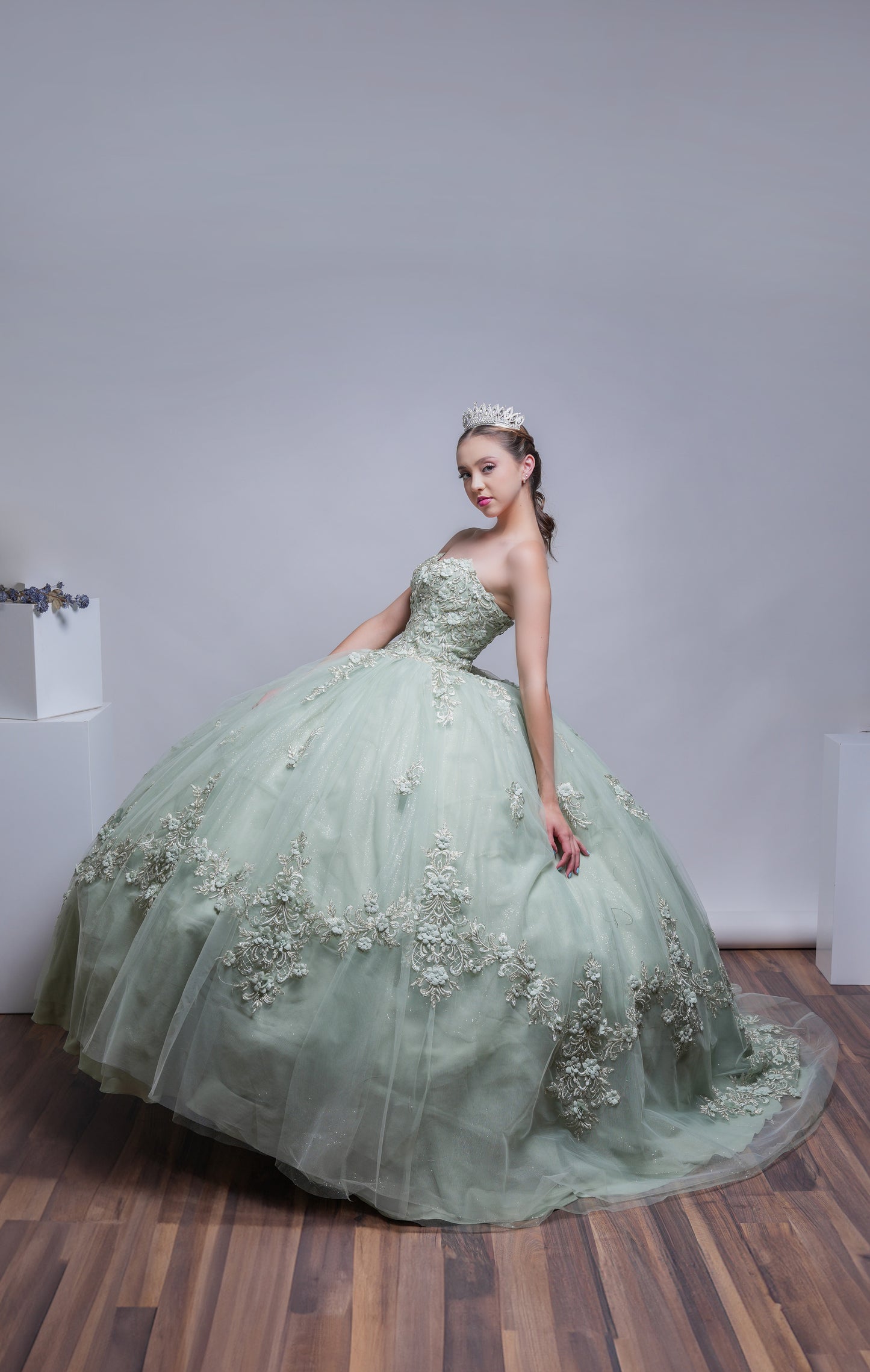 Vestido de XV Años Verde Sage Bordado De Flores Strapless (Renta)
