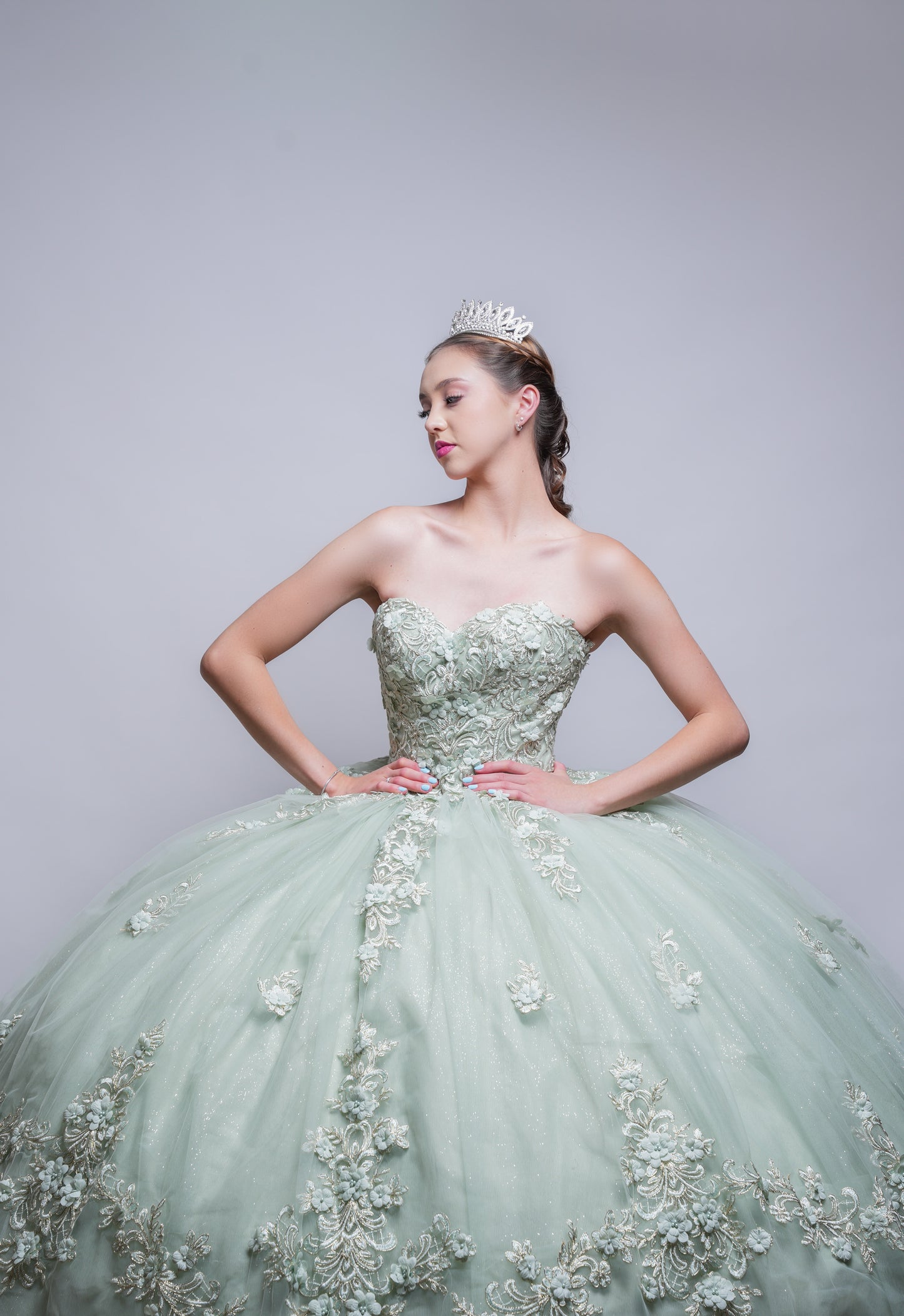 Vestido de XV Años Verde Sage Bordado De Flores Strapless (Renta)