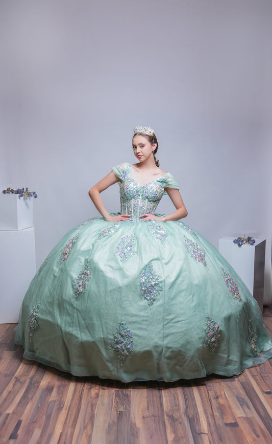 Verde Pistache Mangas Caídas Amponas Bordado Flores (renta)