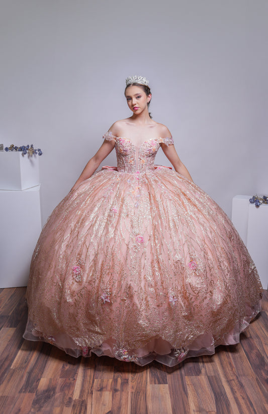 Vestido de XV Años Rose Gold Com Glitter Dorado y Flores Rosas y Amarillas