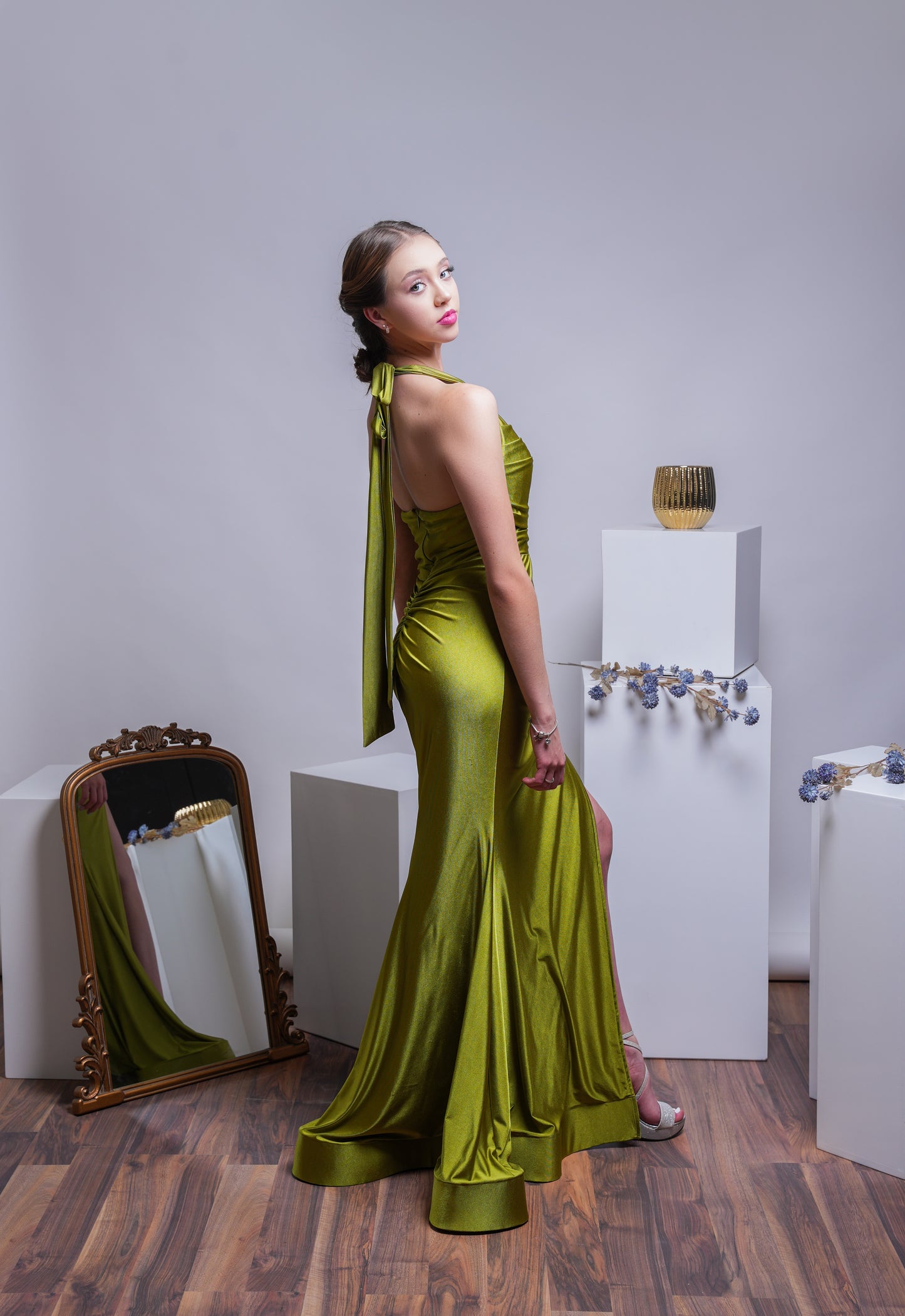 Vestido Verde Lima Corrugado Tirante En Cuello