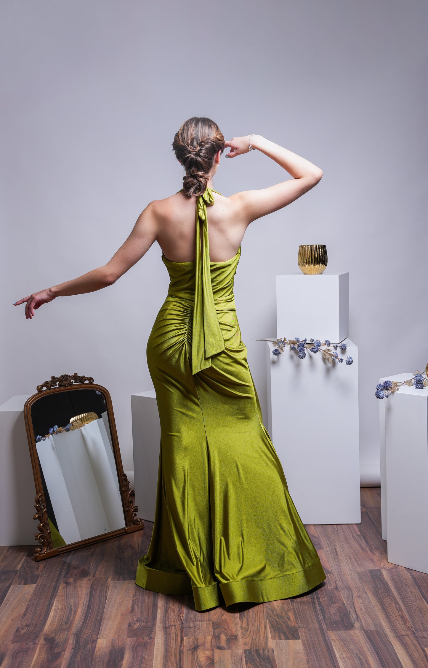 Vestido Verde Lima Corrugado Tirante En Cuello