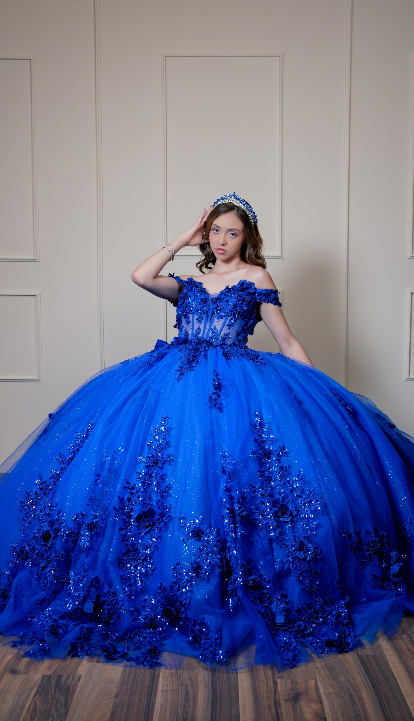 Vestido de XV Años Azul Rey Bordado de Flores con Moño