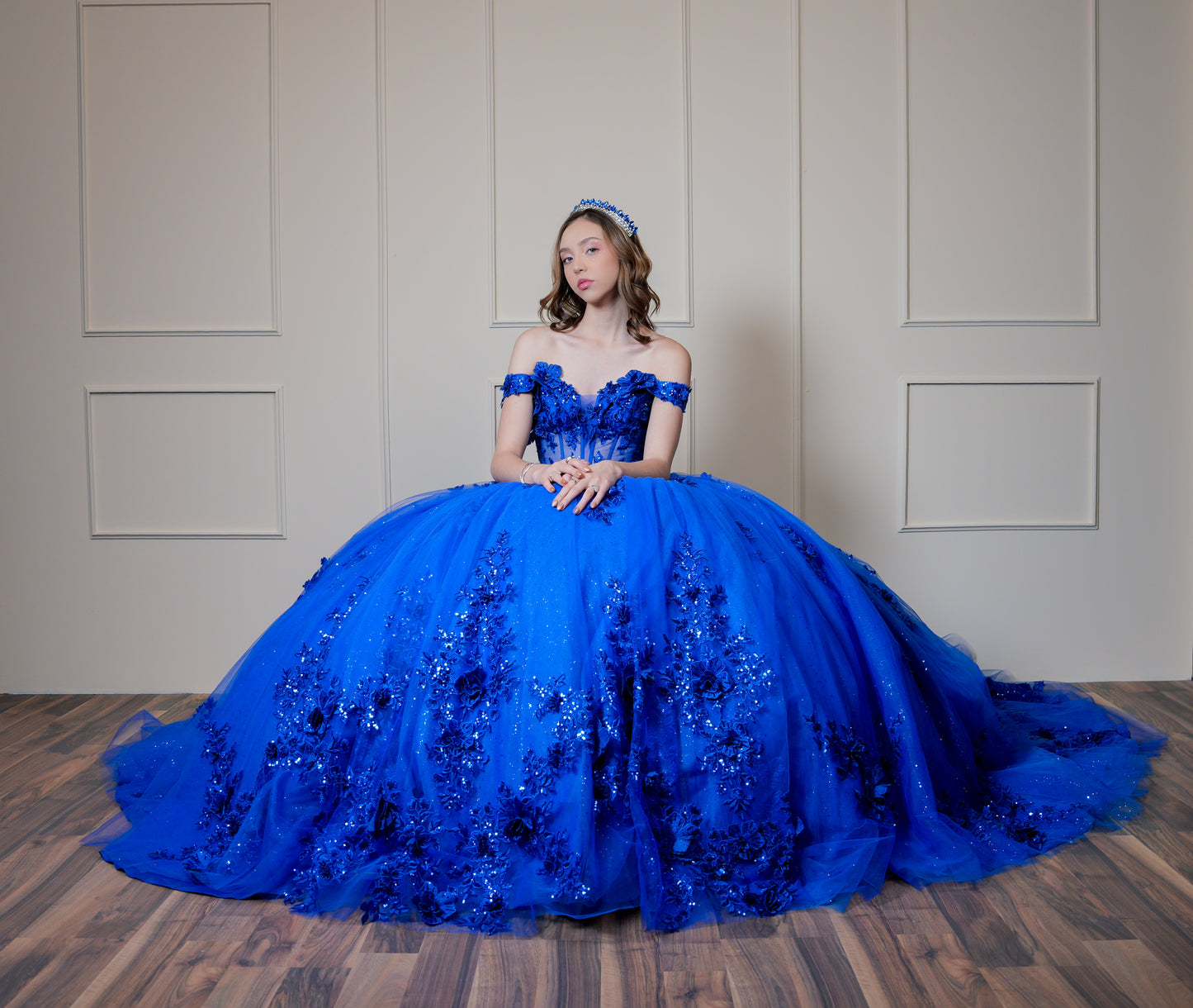 Vestido de XV Años Azul Rey Bordado de Flores con Moño