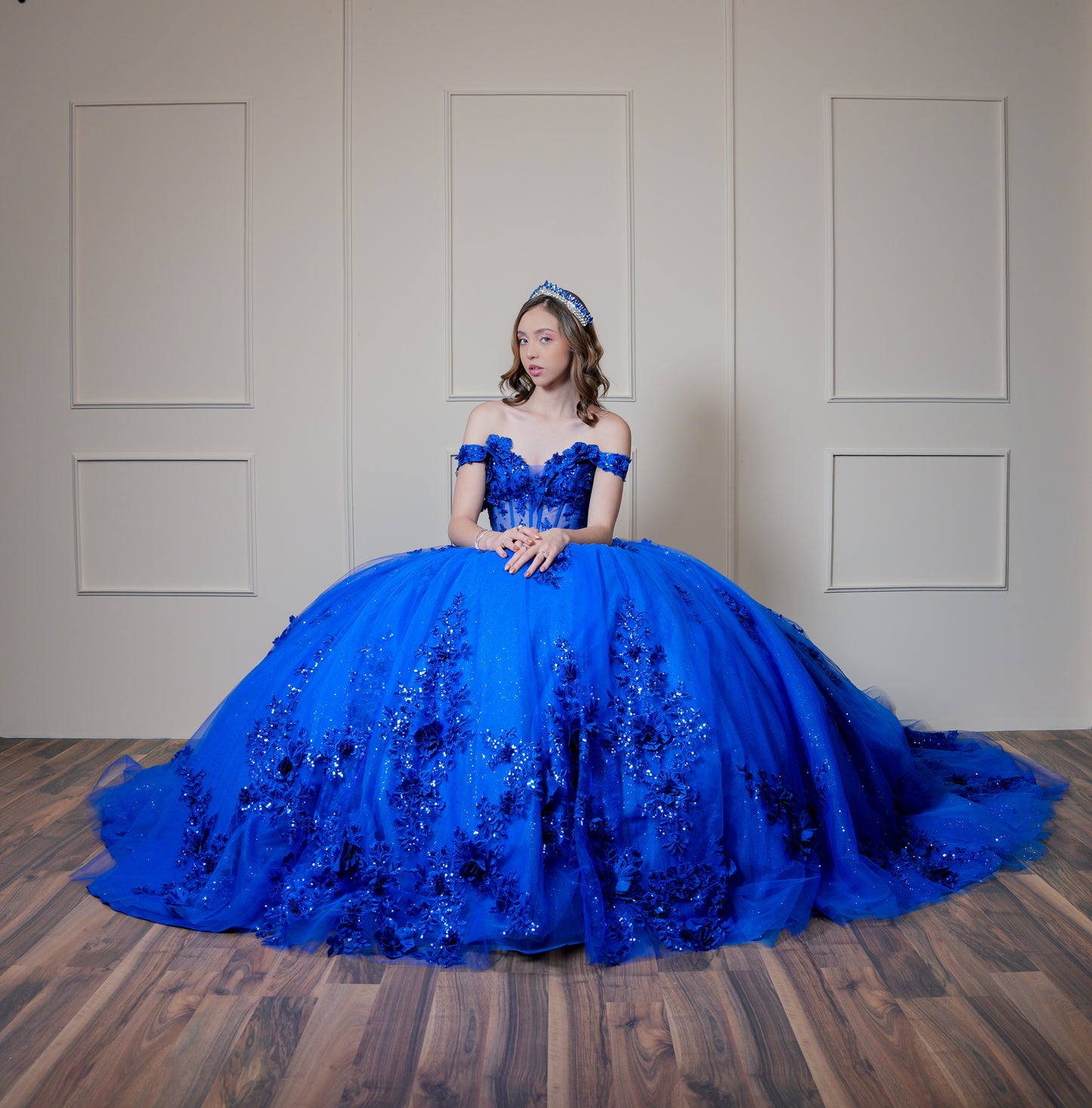 Vestido de XV Años Azul Rey Bordado de Flores con Moño